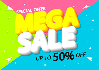 Mega Sale 50% off, poster design template, special offer, vector illustration
