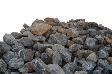 Piles of gravel limestone rock on construction site, isolated on white background with clipping 