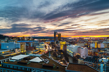 Fototapeta premium A night view of Sentrum area of Oslo, Norway, with modern and historical buildings