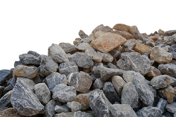 Piles of gravel limestone rock on construction site, isolated on white background with clipping 