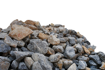 Piles of gravel limestone rock on construction site, isolated on white background with clipping 