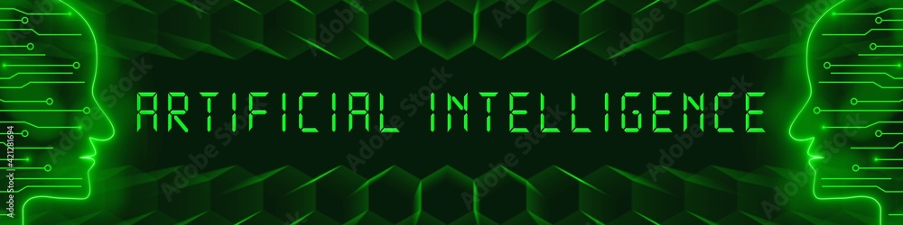 Poster artificial intelligence - green lettering as banner between stylized faces with information connecti