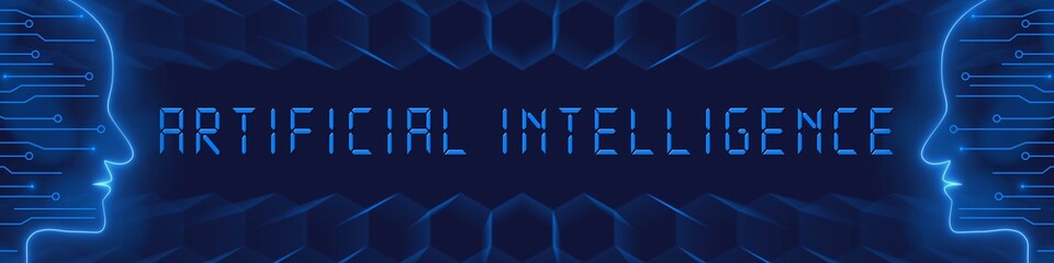 ARTIFICIAL INTELLIGENCE - blue lettering as banner between stylized faces with information connecting lines and blurred honeycomb elements - Cyber technology and automation concept - 3D Illustration