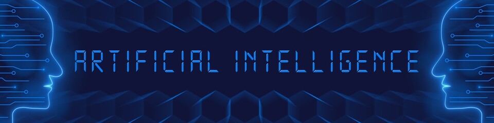 ARTIFICIAL INTELLIGENCE - blue lettering as banner between stylized faces with information connecting lines and blurred honeycomb elements - Cyber technology and automation concept - 3D Illustration