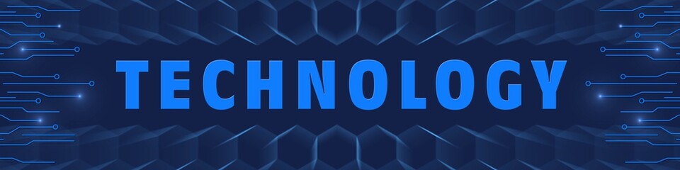 TECHNOLGIE - blue lettering as banner between information connecting lines and blurred honeycomb elements - Cyber technology and automation concept - 3D Illustration