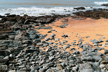 Stony coast of France, sea landscape, selective focus.