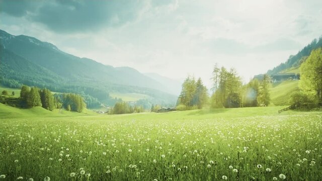 field of spring dandelions in Dolomites,South Tyrol, Italy