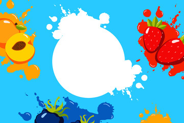 Fototapeta na wymiar Fruit bright splash banner. Red strawberry smoothie with yellow wave apricot and blue blackberry with empty white space for tropical vector logo.