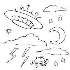 Doodle set on the theme of UFOs, flying saucers, clouds, sky. Hand drawing. Vector illustration