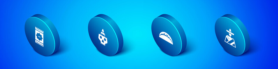 Set Isometric Mexican carpet, Taco with tortilla, man sombrero and Burning candle on skull icon. Vector