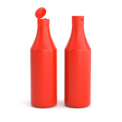 Red plastic bottle of tomato ketchup open and closed cap isolated for label design