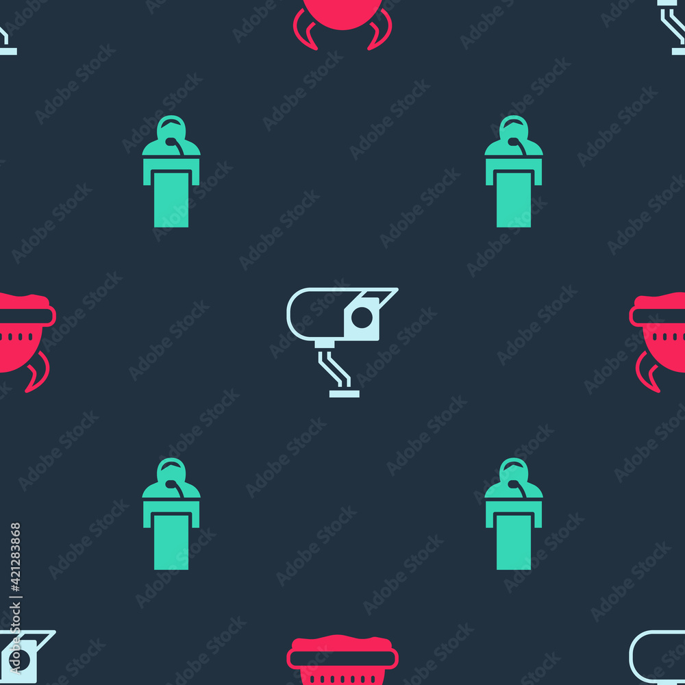 Poster set viking in horned helmet, security camera and gives lecture on seamless pattern. vector