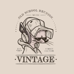 Vintage rat with headphones and baseball cap clipart. Cool hipster character monochrome printed picture in style of street vector culture.