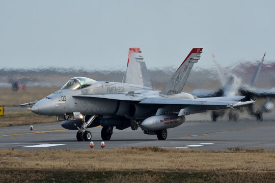 Yamaguchi, Japan - March 23, 2017: United States Marines Boeing FA-18C Hornet from VMFA-232 'Red Devils'.