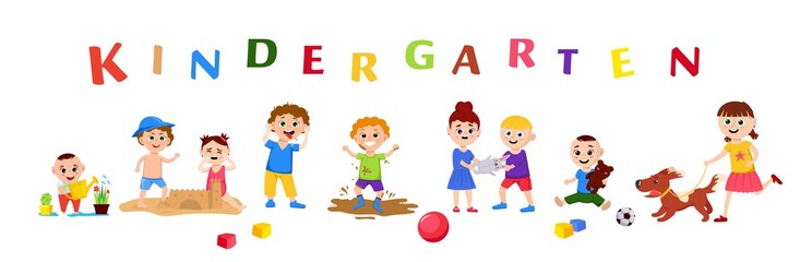 Children in a kindergarten. Editable vector illustration