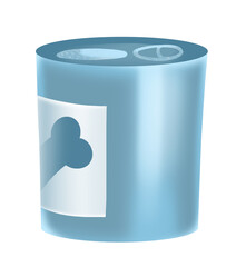Clipart metal can with food for a dog or cat. Pet food. Cute illustration in cartoon childish style. The image is isolated on a white background.