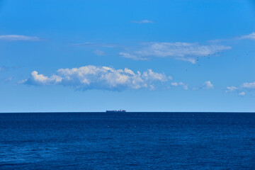 Naklejka na ściany i meble distant cargo ship in horizon with high clouds and calm sea and seagulls in sky