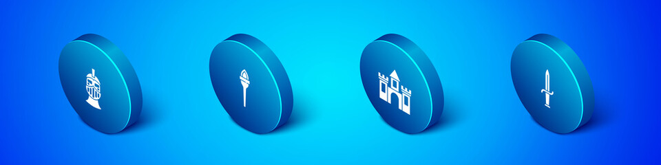 Set Isometric Medieval iron helmet, Castle, fortress, Dagger and Torch flame icon. Vector