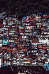 Close-up on favela in Rio, Brazil. Many tiny houses squeezed in the mountain