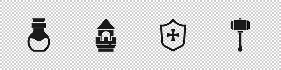 Set Poison in bottle, Castle tower, Shield and Hammer icon. Vector