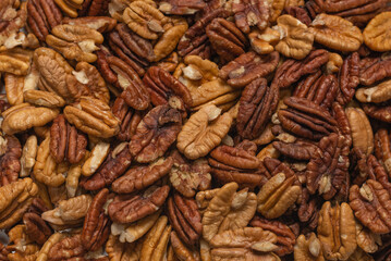 Tasty pecan-nut background. Top view.