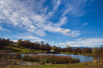 Beautiful landscape with Tsover lake and arrounded mountains and trees, Armenia
