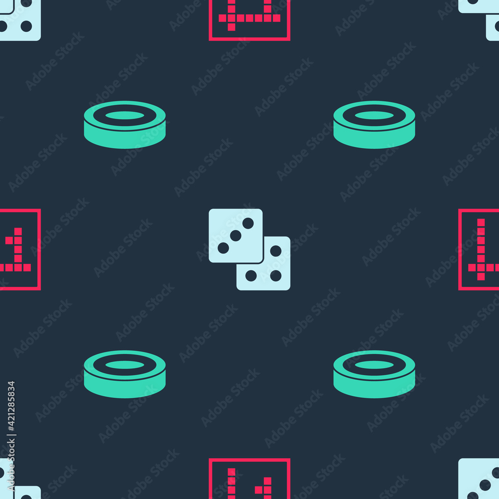 Poster set bingo, game dice and checker game chips on seamless pattern. vector