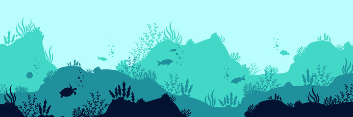 Oceanic deep world background. Dark underwater silhouettes swimming sea fish with blue outlines corals and vector plants.