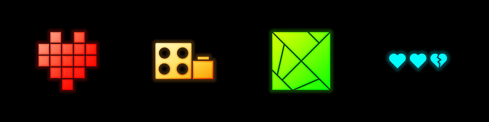 Set Pixel hearts for game, Toy building block bricks, Rubik cube and Hearts icon. Vector