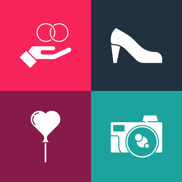 Set pop art Photo camera, Balloons in form of heart, Woman shoe and Wedding rings icon. Vector