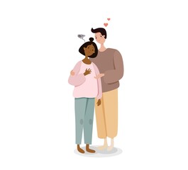 Woman calms daughters anxiety with love illustration. Female character gently hugs sad girl trying cheer her up method correct and emotional vector education.