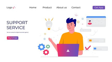 Customer support service landing page. Concept with woman with headphones and microphone with laptop. Business topic and digital communication for assistance, call center. Trendy vector - 421287605