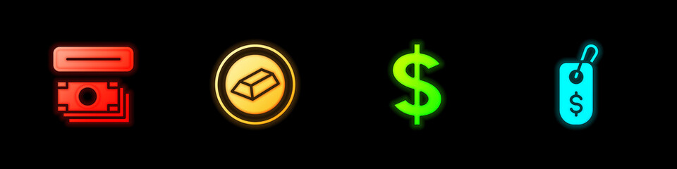 Set ATM and money, Gold bars, Dollar symbol and Price tag with dollar icon. Vector