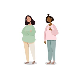 Girl asks for forgiveness to mother illustration. Young female character with sad face apologizes disgruntled and resentful woman vector.