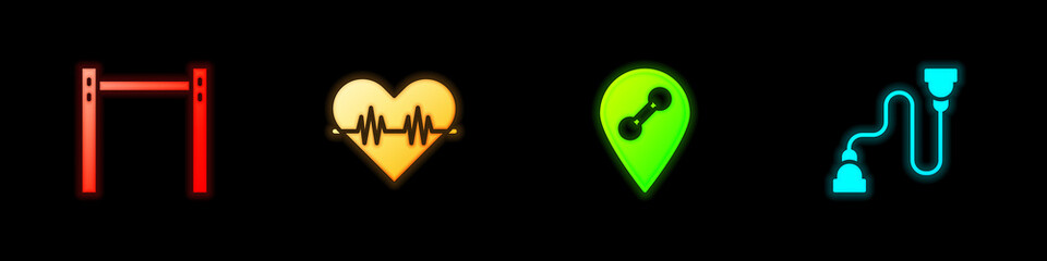 Set Horizontal bar, Heart rate, Location gym and Chest expander icon. Vector