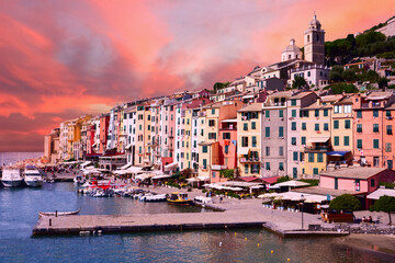 Fototapeta na wymiar picturesque harbour of Porto Venere on early morning, Italian Riviera, Liguria, Italy.