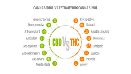 CBD vs THC, list of differences with icons. White banner with comparison CBD and THC.