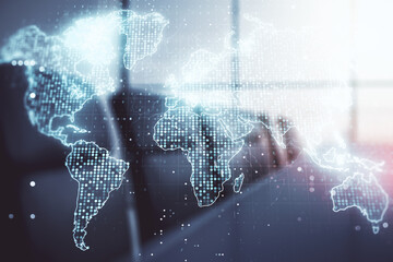 Abstract creative world map interface on a modern conference room background, international trading...