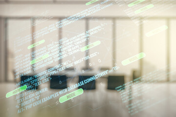 Abstract virtual coding concept on a modern conference room background. Multiexposure
