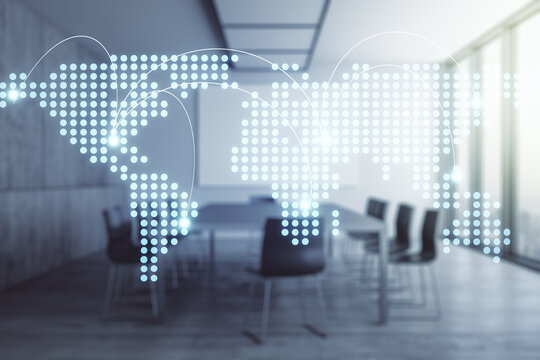 Abstract virtual world map with connections on a modern conference room background, international trading concept. Multiexposure