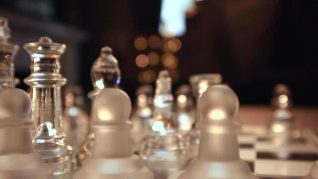 Glass Chess board and game pieces. MS Chess Dolly Past King Queen with FG Pawns 20sec