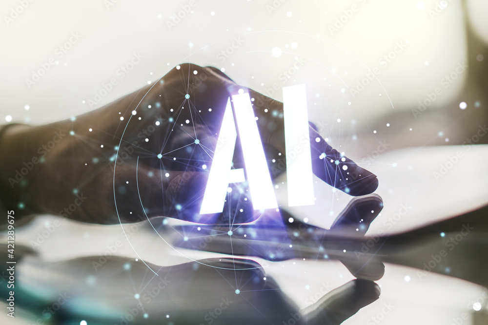 Aufkleber Creative artificial Intelligence symbol concept with finger clicks on a digital tablet on background. Multiexposure