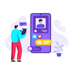 
Smartphone with social media, flat character illustration 

