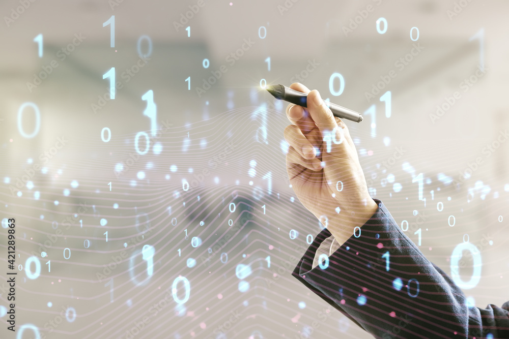 Aufkleber man hand with pen working with abstract virtual binary code hologram on blurred office background, a