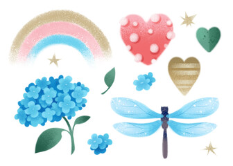 Spring clipart set. Bouquet, rainbow, dragonfly, watercolor, pink pastel color. Decor for a wedding or birthday. The image is isolated on a white background.