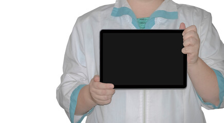 A doctor in a white lab coat is holding a computer tablet with a black frame and a dark blank screen isolated on white with a blank space for text.