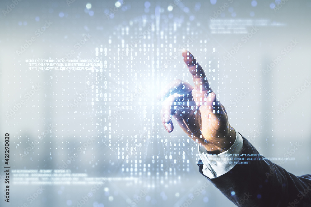 Poster man hand working with abstract virtual code skull illustration on blurred office background. hacking