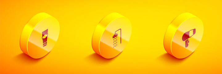 Set Isometric Tube of toothpaste, Shower and Hair dryer icon. Vector