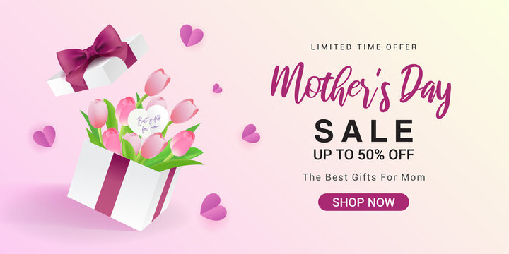 Happy Mother's Day Sale Banner vector illustration. Pink tulips bouquet in surprise gift box.	