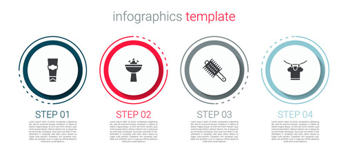 Set Tube of toothpaste, Washbasin with water tap, Hairbrush and Drying clothes. Business infographic template. Vector